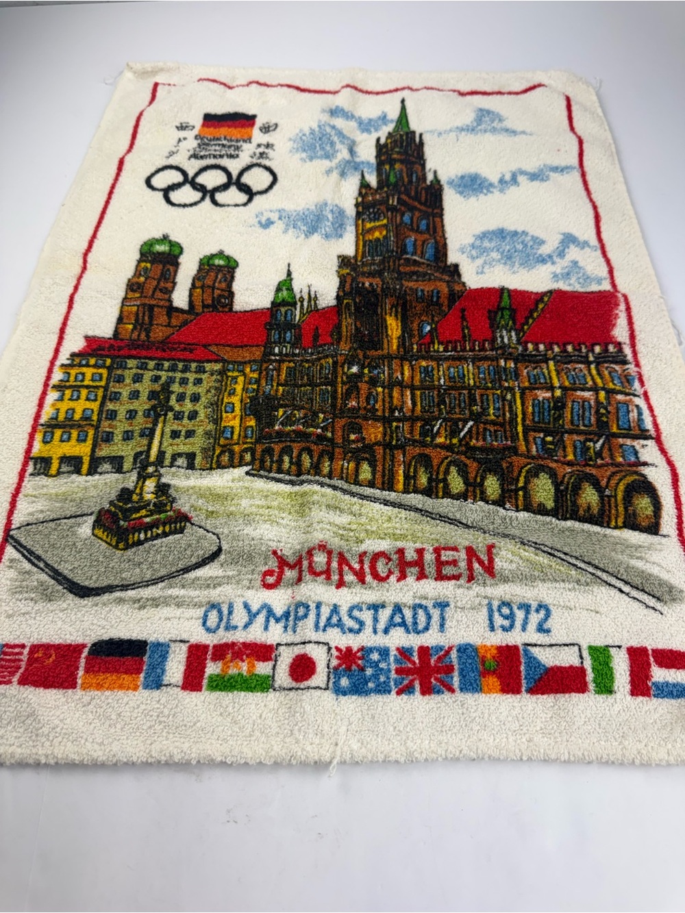 VTG 1972 Munich Olympics Tea Towel Hand Towel New Town Hall International Flags